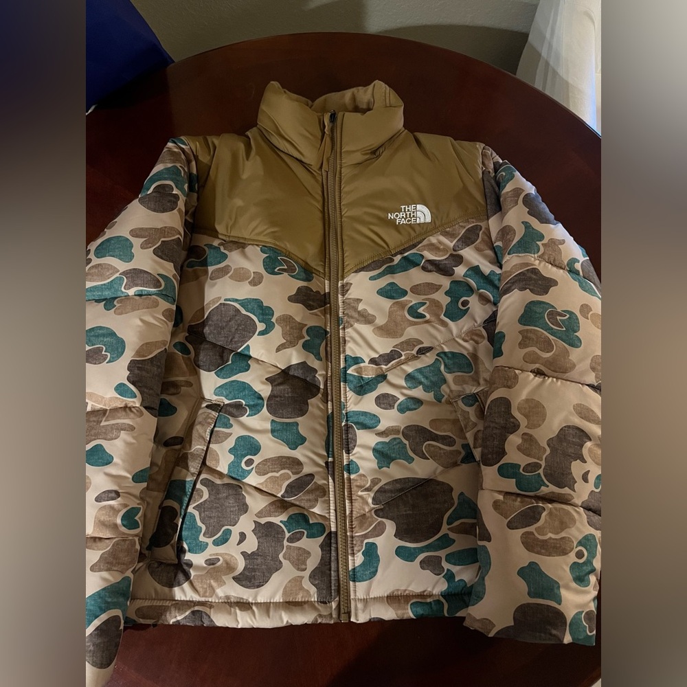 The North Face Tan and Teal Camo Puffer Jacket